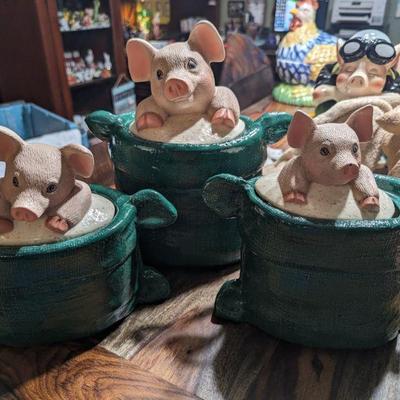 Canisters - pigs in green burlap sacks