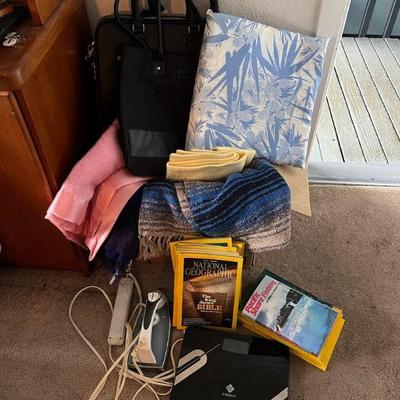 MME163- Assorted Blankets, Bathroom Scale,Iron & Bags 