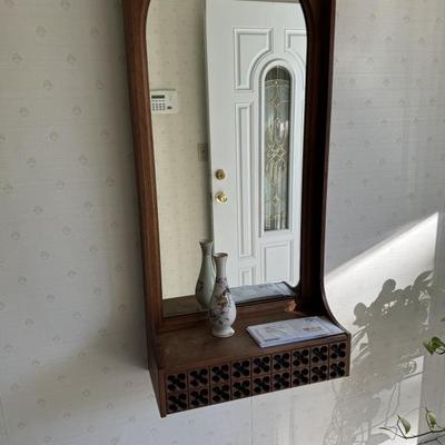 Arthur Umanoff / Howard Miller Walnut Wall Mirror with shelf and draw