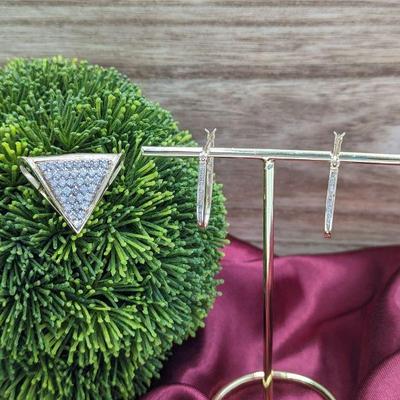 Diamond Triangular Slide Pendant with Diamond Arch Hoop Earrings, both in 14k Gold