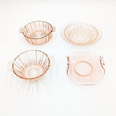 Pink Depression Glass Candy Dishes, including Anchor Hocking Fortune Pink & Jeanette Holiday Buttons and Bows