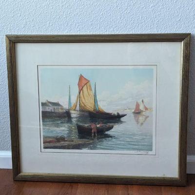 Framed Signed 1929 Print of Boats, #81, Unknown Artist
