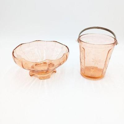  Pink Depression Glass Serving Bowl and Ice Bucket
