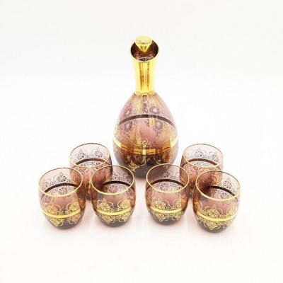 Vintage Vecchio Murano Italy Amethyst Glass Hand Blown Decanter and Wine Glasses with 24kt Gold Trim