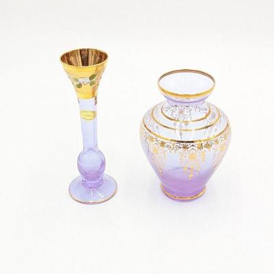 Vintage Vecchia Murano Italy Amethyst Vases with 24K Gold Trim