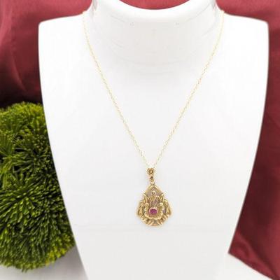 10k Gold Floral Ruby Pendant with 18k Vermeil Chain