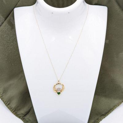 14k Gold Necklace with Irish Claddagh Pendant Containing Lab Created Emerald