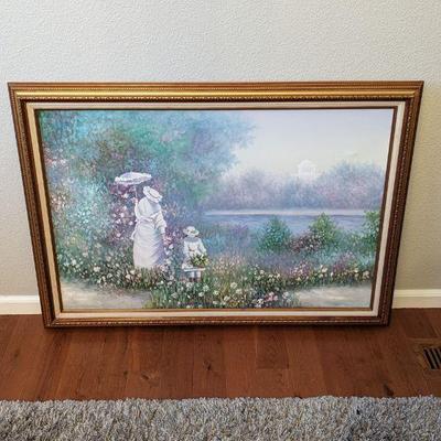 Framed Original Oil (?) on Canvas Woman and Girl by a Lake Unknown Artist