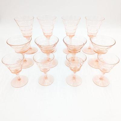 Pink Depression Glass Heisey Charter Oak Water Goblets, Champagne & Cocktail Glasses