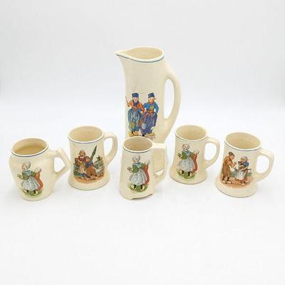 Antique Roseville Pottery Creamware Dutch Scene Pitcher and Five Mugs