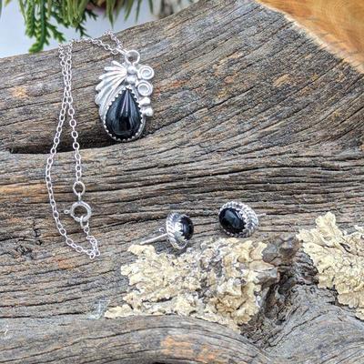 Sterling Silver and Onyx Necklace and Earrings