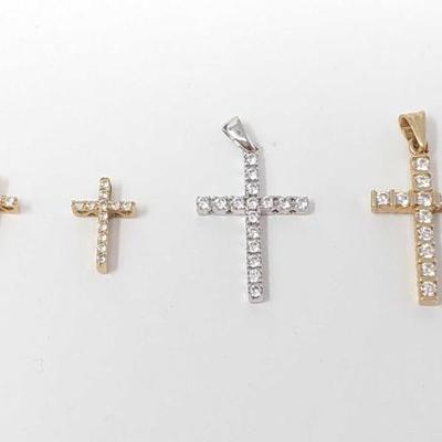#703 â€¢ (4) 14k Gold and White Gold Cross Pendants with Rhinestones, 7g
