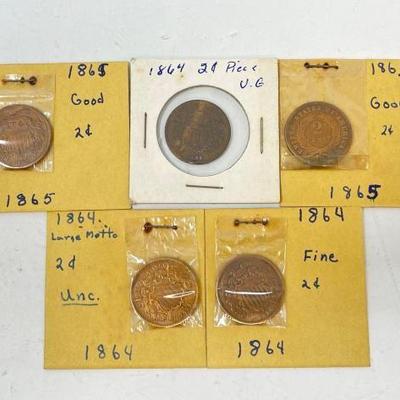 #1504 â€¢ (5) U.S. 2 Cent Copper Coin
