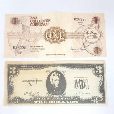 #1538 â€¢ Anna Collector Currency and United States Three Dollar Bills
