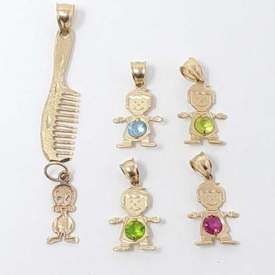 #707 â€¢ (6) 14k Gold Pendants with Ruby and Rhinestones, 6g
