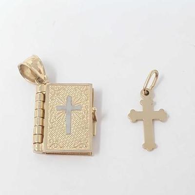 #787 â€¢ (2) 14k Gold Cross and Bible Pendants, 4g
