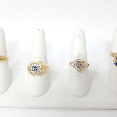 #714 â€¢ (4) 14k Gold Rings with Rhinestones, Ruby and Aqua
