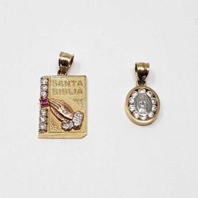 #799 â€¢ (2) 14k Gold Pendants with Ruby and Rhinestones, 4g
