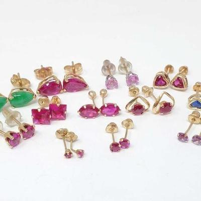 #761 â€¢ (12) Pairs of 14k Gold Earrings with Ruby, Aqua & Emerald Stones, 7g
