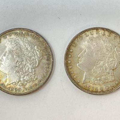 #1330 â€¢ (2) 1890 & 1921 Morgan Silver Dollars
