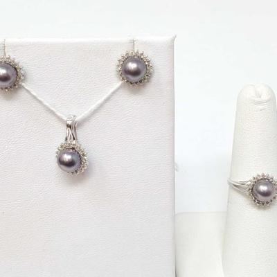 #763 â€¢ 14k White Gold Diamond and Pearl Jewelry Set, 5g
