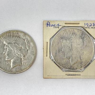 #1308 â€¢ (2) 1922 & 1928 Silver Peace Dollars

