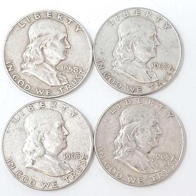 #1410 â€¢ (4) 1958-1963 Franklin Half Dollars, 50g
