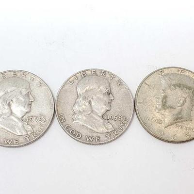 #1408 â€¢ (2) Franklin Half Dollars and Kennedy Half Dollar

