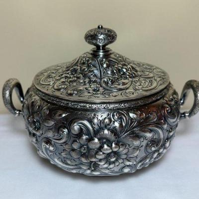 Sterling repousse covered dish