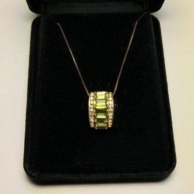 14k Yellow Gold Peridot and Diamond Channel Set Pendant, NWT