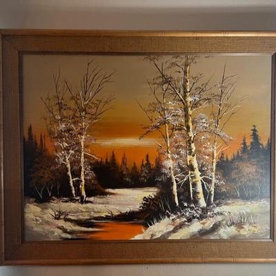 Large Winter Scene on canvas. Miller. 46.5x36. All items available for pre-sale with pre-sale shopping appointments. Please text 985...