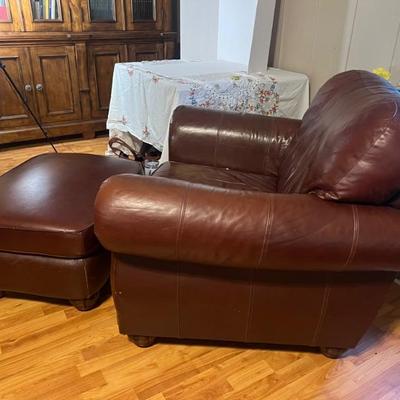 Burgandy leather chair w/matching ottoman.  $200 obo. Chair- 45x36.5x38. Ottoman- 31x17.5x24. All items available for pre-sale with...
