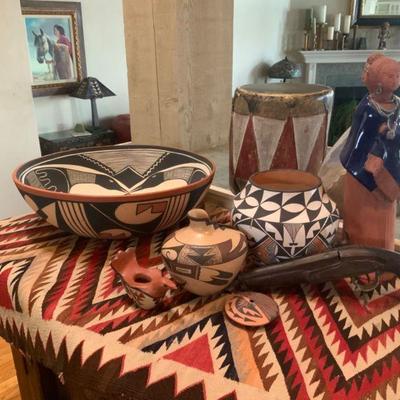 C.1920 Cochiti painted drum, Verda Toledo bowl, Hopi jug