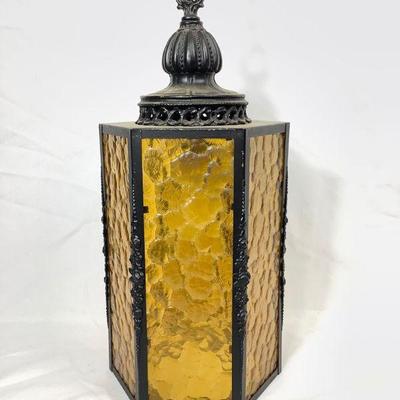 REEM811 Midcentury Modern Gothic Swag Light Fixture	Gothic Swag Hanging light, with amber glass panels. Light measures 19" tall from...