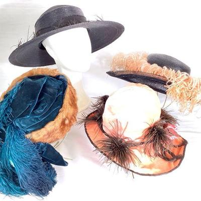 BIHY950 VIctorian Ostrich Feather Hat Collection	2 back hats, 1 pink hat with rose decoration, and 1 fur & turquoise hat, all embellished...