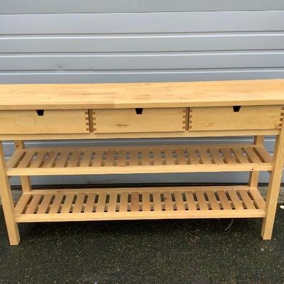 TRCR804 Wooden Workbench	Three drawer wooden workbench. Two drawers have stops inside to keep from going too far back, one does not....