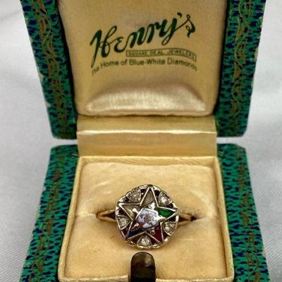 BIHY121 14k Order Of The Eastern Star Ring	This is a 14k gold ring featuring a star with inlaid clear, blue, pink, green, white, and...