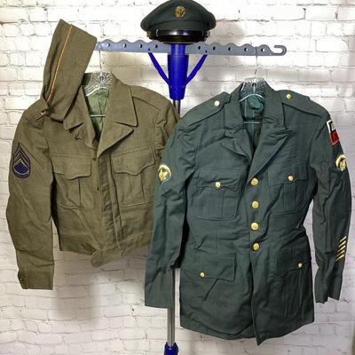 BIHY115 Vintage Army Dress Uniform Jackets	Two vintage army dress uniform jackets with matching hats.Â 
