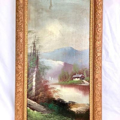 BIHY931 Vintage Framed Oil On Canvas Painting	Unsigned landscape painting card attatched to back of piece states that artist is Mabel...