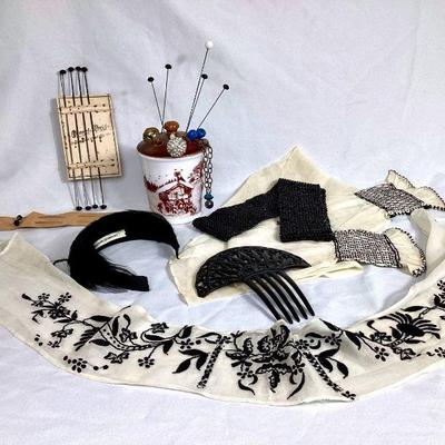 BIHY967 Vintage & Antique Ladies Accessories	16 hat & bonnet pins, Victorian hand stitched collar & sleeves, vintage black...