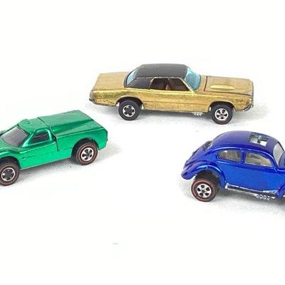 BIHY925 3 1967 Hotwheels Redline Cars	Green Ford J-car, gold Custom Bird, and blue custom Volkswagen.
