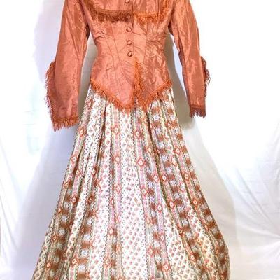 BIHY963 Antique Dress With Taffetta Bodice	Women's long sleeve full length dress with full skirt and copperish brown colored...