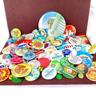 BIHY924 Vintage Pinback Buttons Galore	Shoe box full of retro political, sport, WA, and more buttons.
