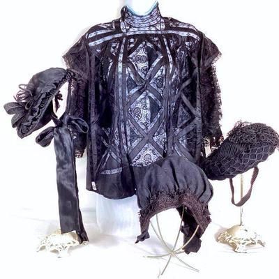 BIHY949 Edwardian Era Mourning Attire	Antique high-neck black lace & silk bodice, some holes, tears and missing buttons. Â 3 black hats
