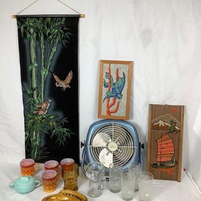 REEM809 50s Through 70s Glass Decor And More	Assortment of vintage decorative glassware, pottery, and wall hangings. Includes set of 4...