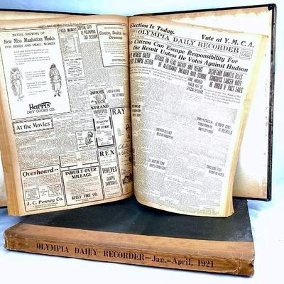 BIHY933 2 Antique Volumes Olympia Daily Recorder	2 hardback bound Olympia Daily Recorder books. Â Some loose pages, torn pages, and...