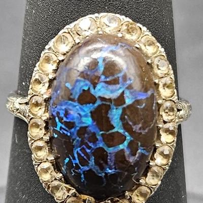 Blue Opal & White Stone Ring, Size 6, TW 3.5g