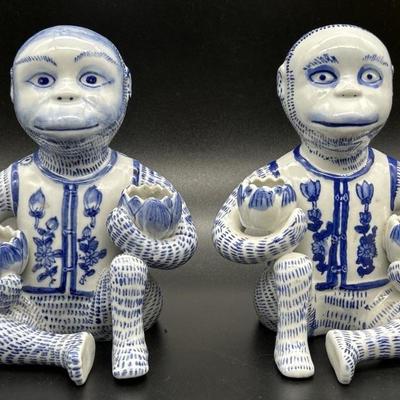 Pair Blue & White Monkey Taper Candle Holders