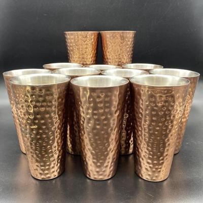 12- Mid Century Hammered Copper Stainless Tumblers