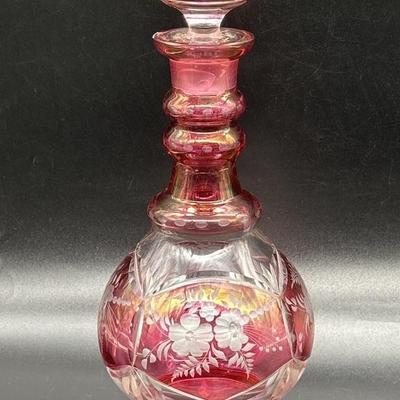 Vtg. Bohemian Style Ruby Red Cut to Clear Decanter